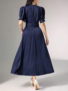 Heiryn Round Neck, Raglan Sleeve, Short Sleeve, Waist Cinched, Elegant Korean Style Office Dress - Navy Blue - View 6