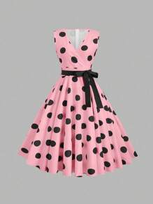 Sweetra Elegant Polka Dot Print Sleeveless Swing Dress, Summer Maxi Women Outfit - Baby Pink - View 1