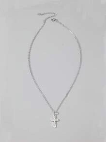 ROMWE Goth 1 件哥特式十字架水钻装饰奢华吊坠项链，节日派对礼物，万圣节 - 銀色 - 查看 3