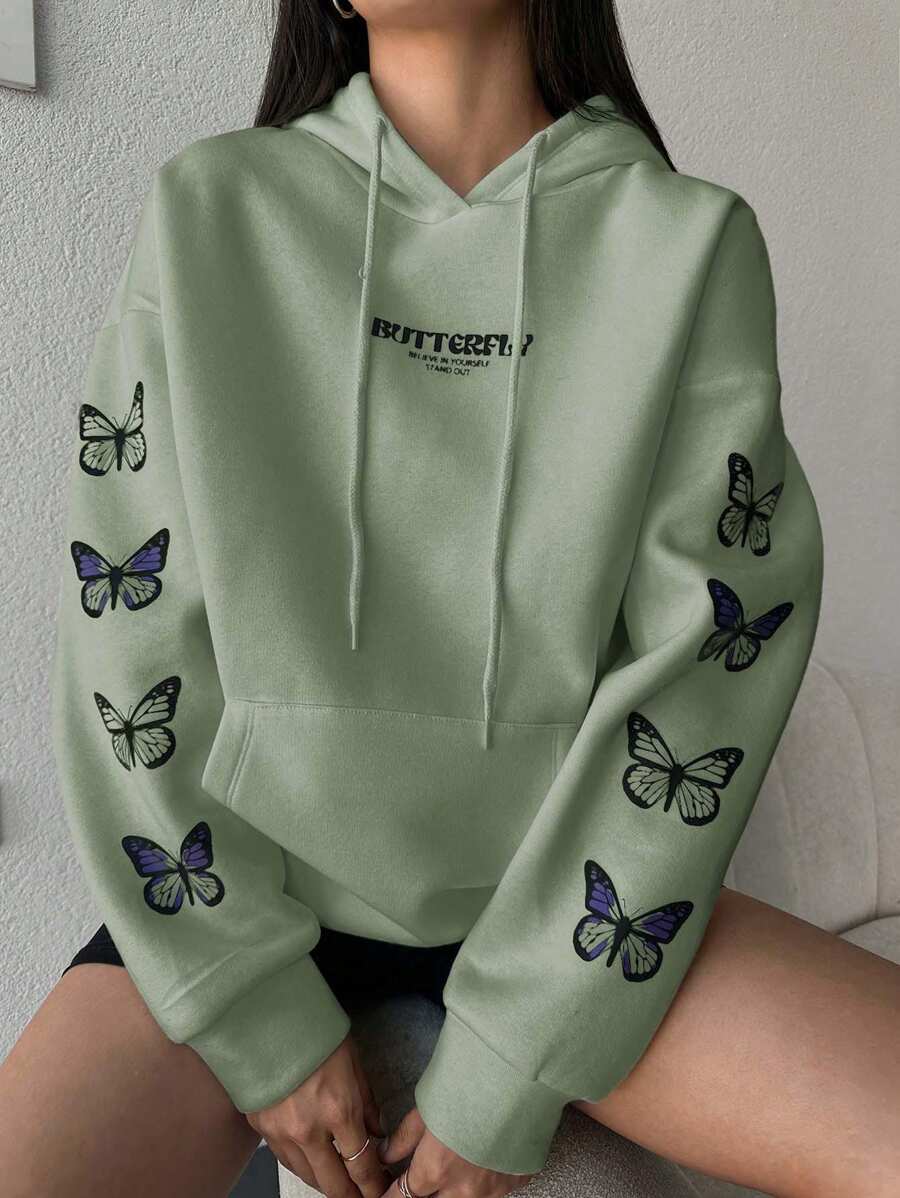 SHEIN Cottnline Women'S Butterfly Letter Print Drawstring Hooded Sweatshirt - Mint Green - View 1
