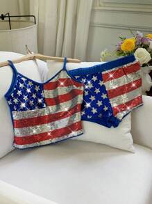 Comfortcana Damski cekinowy top z nadrukiem amerykańskiej flagi i szorty, 2 sztuki, zestaw letni - Wielokolorowe - Zobacz 3