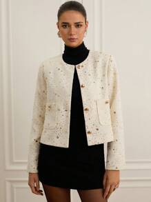 Revavyn Sequin Embroidery Decor, Tweed Fabric, Button Decor Minimalist Casual Short Pocket Decor Round Neck Jacket Fall Cloth For Women - Beige - View 4