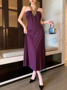 DAZY Đầm midi không tay cổ chữ V đính sequin cho nữ, đầm cưới nữ, đầm hè nữ, đầm chống nắng. - Màu tím - Xem 8