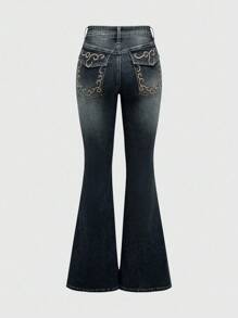 ROMWE Hippie 西部波西米亚风复古嬉皮花卉刺绣修身喇叭低腰牛仔裤，适合夏季音乐会等场合 - 藍色 - 查看 2