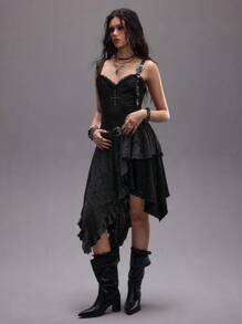 ROMWE EDITION 做旧 Y2K 复古哥特十字串珠拼接不对称下摆女式连衣裙（配腰带） - 黑色 - 查看 8