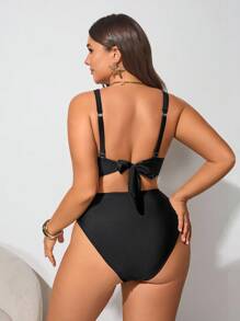 SHEIN Swim Curve 大码女式 2 件纯黑色时尚度假日常休闲褶饰蝴蝶结粗肩带高腰三角泳裤性感比基尼套装 - 黑色 - 查看 2