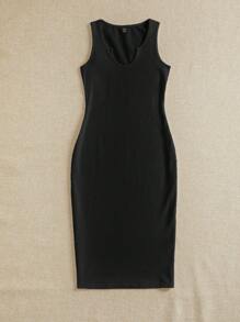 SHEIN EZwear 女士黑色宽肩带无袖深V领中长连衣裙，适合夏季 - 黑色 - 查看 5