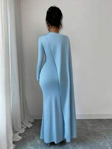 Elenzga 夏季新款天蓝色优雅派对生日宴会礼服，百搭裹腰褶皱长款女式连衣裙 - 藍色 - 查看 2