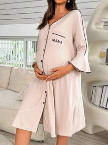 Moonlight&Mama 孕妇撞色滚边睡袍，喇叭袖，七分袖，前口袋，字母印花，家居服，秋冬季，舒适装扮 - 杏色 - 查看 3