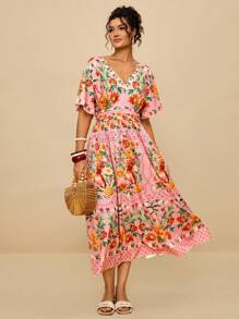 SHEIN VCAY Plus Size Vacation Island Romantic Pink Floral Print V-Neck Cinched Waist Ruched A-Line Long Sleeve Maxi Dress Plus Size Boho Dress Plus Size Vacation Dress Summer Dresses For Women Curve Garden Party Dress Plus Tropical Print Plus Size Dress Fall Dress  Night Out  Going Out Outfits Wedding Guest Dress Women Flowy Animal Print  Boho Chic  Vacation Outfits Holiday Outfits   Urban Coastal Style Country Outfits Old Money Vintage Clothes - Pink - View 5