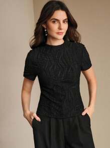 Anewsta 夏季、优雅、度假、节日、海滩、节日、Oldmoney 春季优雅休闲女士针织纹理抗皱百搭杏色短袖 T 恤 - 黑色 - 查看 5