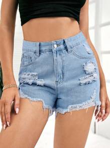 SHEIN EZwear 女式口袋做旧磨边休闲百搭牛仔短裤 - 淺色水洗藍 - 查看 3
