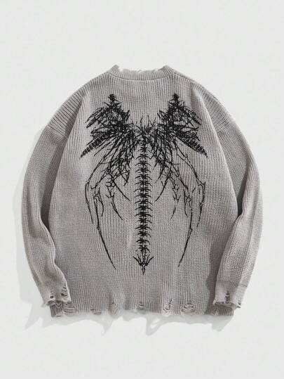 Goth Men's Crew Neck Skeleton Print Knit Sweater, Halloween