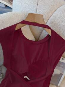 Women's Solid Color Backless Design Round Neck Casual Tank Top - Burgundy - View 3