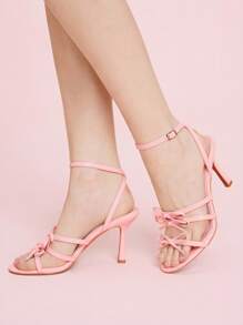 CUCCOO DOLLMOD Damen rosa PU dünne Riemen Schleife Knöchelriemen Schnalle modische niedliche Sandalen, geeignet für Sommeroutdoor, romantischer französischer Stil für Party, Nachmittagstee, Sandalen mit rundem Zehenbereich und hohem Absatz