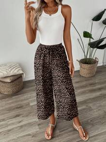 SHEIN LUNE 女装休闲时尚街头豹纹打结松紧腰宽松阔腿九分裤适合出门豹纹裤女阔腿裤夏季阔腿裤豹纹裤动物纹裤女豹纹阔腿裤女阔腿裤秋装冬装