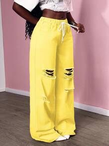 SHEIN SXY 休闲纯色破洞阔腿牛仔裤 - 黃色 - 查看 5