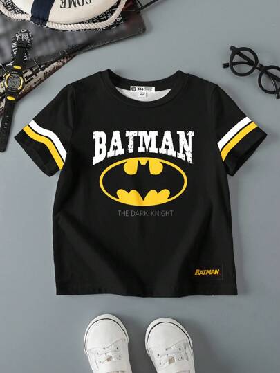 BATMAN X SHEIN Young Boy Casual Cartoon Striped & Letter Print Short Sleeve Crew Neck T-Shirt, Comfortable Summer