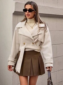 EURMUSE Women's Solid Belted Short Elegant Wool Overcoat - Beige - View 5