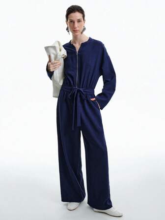 Aalyst Damen Leinenähnlicher Lässig Minimalist Vintage Münzen Muster Elastische Taille Langarm Jumpsuit mit Taschen, Frühherbst