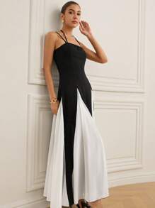 EMERY ROSE Đầm xòe họa tiết hình học chắp vá sang trọng, thanh lịch, gợi cảm bằng vải lanh mới dành cho nữ - Đen và trắng - Xem 6