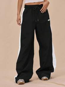 MUSERA Drawstring Waist Nylon Contrast Panel Wide Leg Tracksuit Bottoms Only Airport, Casual - Black - View 2