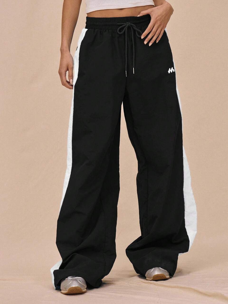 Drawstring Waist Nylon Contrast Panel Wide Leg Tracksuit Bottoms Only