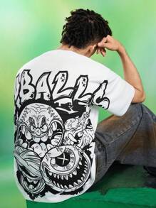 MADBALLS X SHEIN 男士休闲街头卡通字母印花落肩宽松白色T恤，夏季 - 白色 - 查看 4