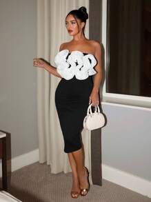 SHEIN SXY Women's Elegant Sequin Floral Patchwork Bodycon Midi Dress, Black & White Color Block, Luxurious For Party, Banquet, Birthday, Date, Formal Occasion Black White Dress Cocktail Dress - Black and White - View 1