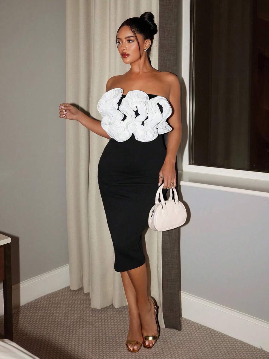 SHEIN SXY Women's Elegant Sequin Floral Patchwork Bodycon Midi Dress, Black & White Color Block, Luxurious For Party, Banquet, Birthday, Date, Formal Occasion Black White Dress Cocktail Dress - Black and White - View 1