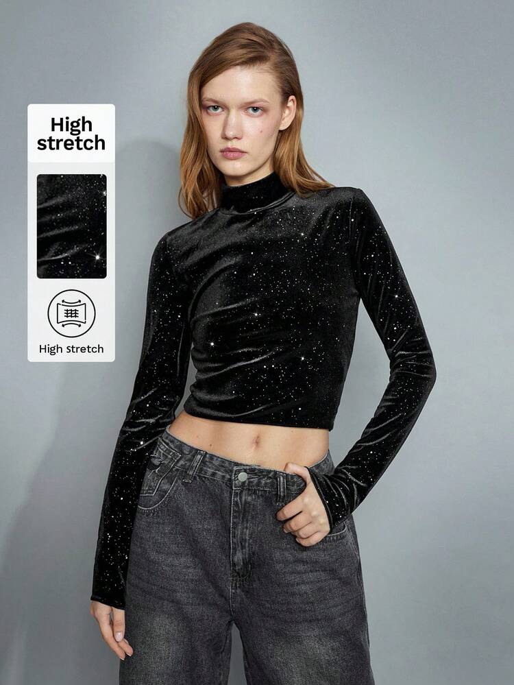 SHEIN Maija Women's Backless High Neck Sequin Long Sleeve Blouse, Urban Chic Versatile For New Year Party Valentines Day,Festival