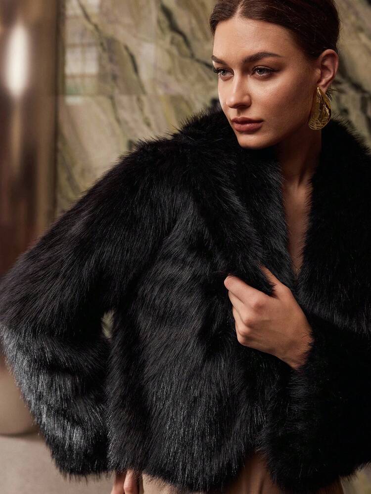 WATERFALL LONG SLEEVE FAUX FUR COAT FOR AUTUMN & WINTER