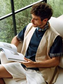 Manfinity BRENVOR 男士春夏欧式时尚格纹拼接双层面料撞色休闲圆领藏青色短袖T恤 - 藏蓝色 - 查看 3