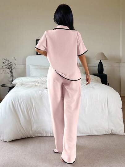 Contrast Lapel Loose Short Sleeve Pajama Set Roze Pyjama Cozy Elegante view 2