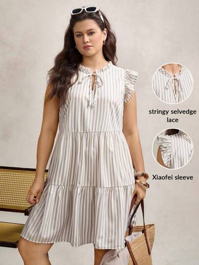 Zelara Vestido holgado de mujer talla grande con lazo en los hombros y mangas con volantes para el verano