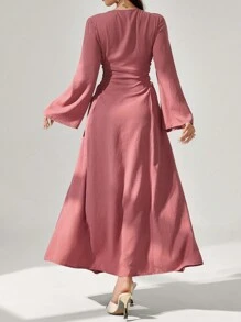 Al Najma 女士刺绣优雅长袖阿拉伯朴素连衣裙 - 粉色 - 查看 2
