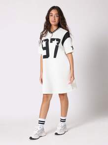 SUMWON Varsity Sports T Shirt Dress Star Number Casual Streetwear Oversize Jersey Basketball Baseball College Team Dress - White - View 2