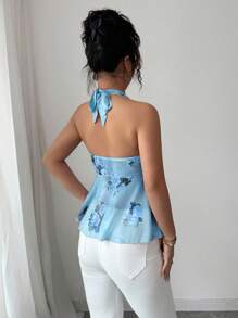 Elenzga Áo hai dây buộc eo in họa tiết giải trí và ngày lễ cho nữ mùa hè lưới co giãn gợi cảm hở lưng gợi cảm - Nhiều màu - Xem 2