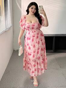 Flirla Plus Size Women Floral Print Chiffon Raglan Ruffle Sleeve Elegant Dress, Pink - Multicolor - View 5