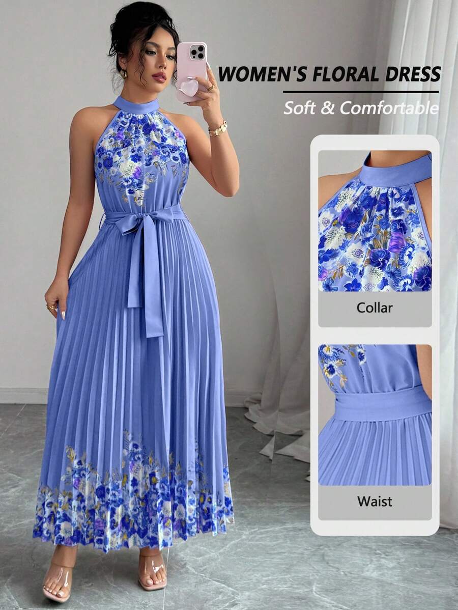 Elenzga 女式夏季优雅花卉宽松露背连衣裙 - 寶藍色 - 查看 1