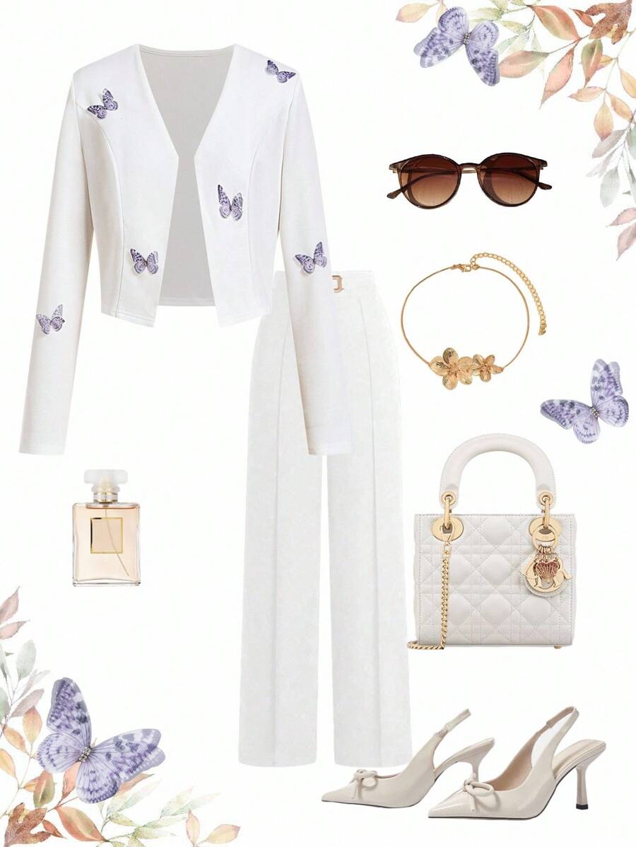 Ellevyn 纯色优雅翻领长袖西装外套，精致的 3D 蝴蝶装饰，适合秋冬季派对、活动、郊游等场合秋冬女装教师服 - 白色 - 查看 1