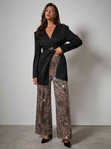 COSMINA 女士优雅亮片刺绣直筒宽松裤 - 咖啡棕 - 查看 4