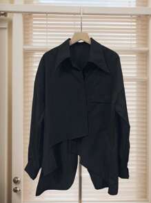 INAWLY Áo sơ mi dài tay giản dị có túi vá màu trơn cài nút phía trước - màu đen - Xem 1