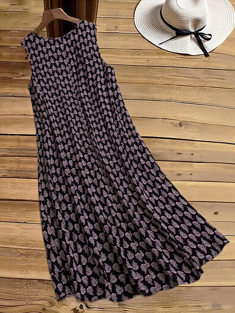 Women's Sleeveless Country Retro Geometric Print Round Neck With Pleated Design In Front, Short Front And Long Back Curved Hem, Loose Bohemian Plus Size Dress Suitable For Spring And Summer Music Festivals Tunic,Vacation