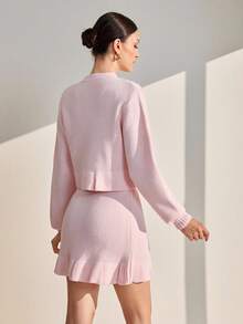 EURMUSE 女式不对称条纹针织设计灯笼袖针织毛衣开衫搭配罗纹针织细节直筒针织裙套装 - 藕粉色 - 查看 2