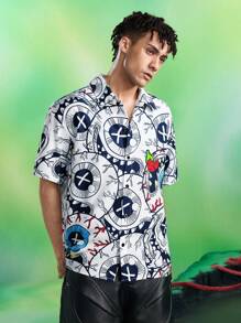 MADBALLS X SHEIN 男士卡通图案前扣休闲短袖衬衫 - 白色 - 查看 1