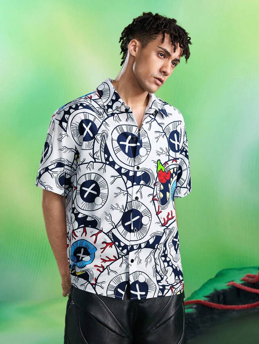MADBALLS X SHEIN 男士卡通图案前扣休闲短袖衬衫 - 白色 - 查看 1