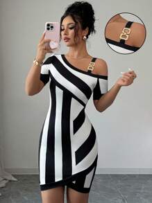 Elenzga Women's Summer Knitted Elastic Fitted Striped Geometric Print Asymmetric Asymmetrical Neck Short Sleeve Bodycon Hem Elegant Casual Mini Dress, Random Print - Black and White - View 5