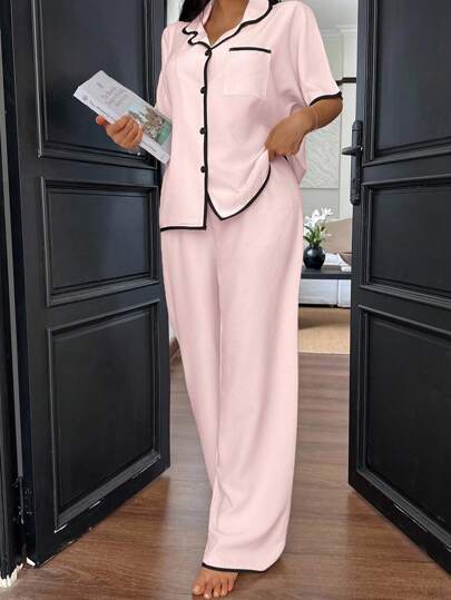 Contrast Lapel Loose Short Sleeve Pajama Set Roze Pyjama Cozy Elegante view 5