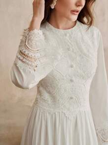 Anewsta 女装秋季温柔风白色修身显瘦重工白色长袖连衣裙 - 白色 - 查看 3